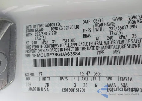 2016 Ford Escape S from USA, damaged, VIN 1FMCU0F78GUA63884